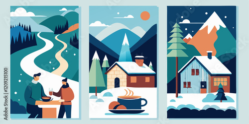 Winter mountain retreat scenes with cozy cabins and snowy landscapes