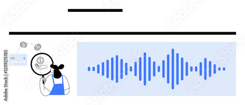 Woman with magnifying glass examining financial data, soundwave representing audio analysis, coins, dollar symbol, credit card. Ideal for financial analytics, audio data, transcription, technology