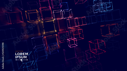 Big Data 3D Digital Cubes Quantum Computer Server Concept Background. 3D Blockchain Cube Blocks Concept. Data Core Abstract Cubes. Artificial Intelligence Presentation Design. Vector Illustration.
