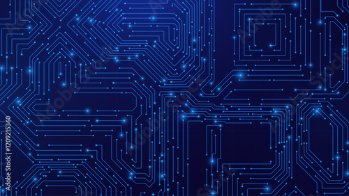 Blue Digital Circuit Trace Lines Technology Background. Abstract Digital Tech Bg. Electronics and Computer Technology Concept. Chip And Circuit Board. Vector Illustration. Chip Connectors.