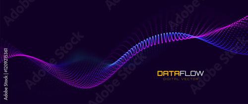 Digital Data Flow Vector Background. Big Data Technology Particles. Tech Business Backdrop. Dots Grid Waves Landscape. Information Flow in Virtual Reality Cyberspace. Vector Illustration.