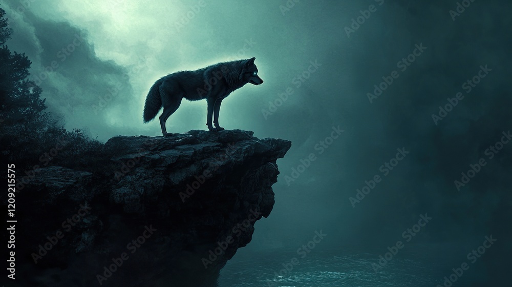 Lone wolf standing on a cliff at night, overlooking a misty landscape. Lone wolf standing on a cliff at night, overlooking a misty landscape.