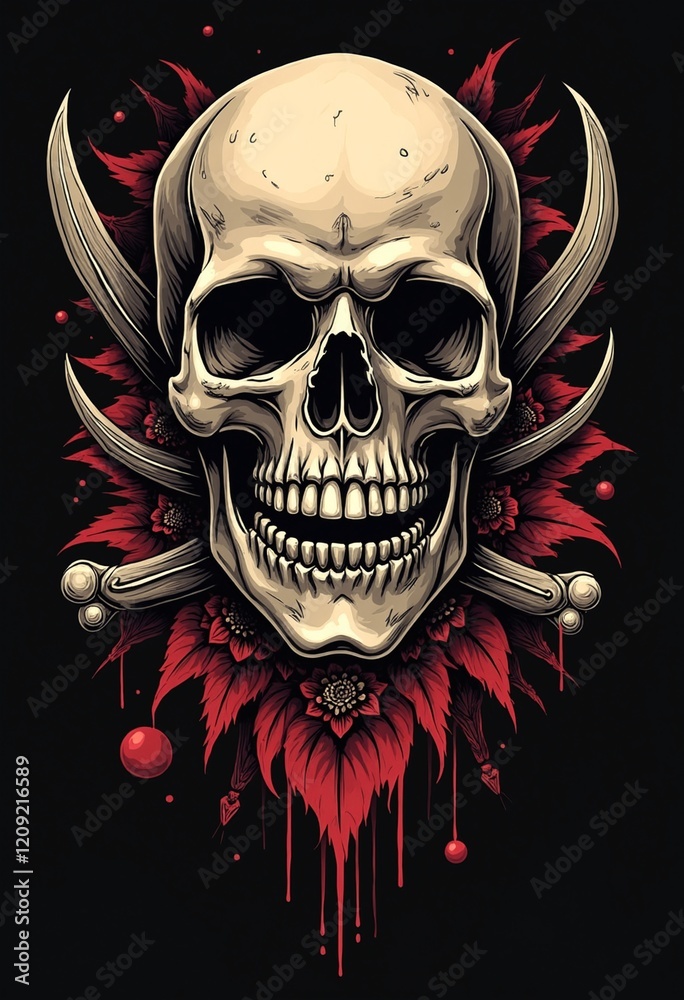 Fototapeta premium Skull pirates tattoo design dark art illustration isolated on black background
