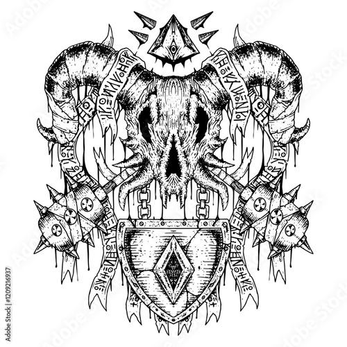 heavy tharsh horror death metal horror illustration skull skeleton band graphic shirt design artwork art print white