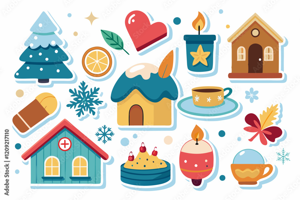 Cozy winter sticker collection with holiday symbols and home elements Cozy winter sticker collection with holiday symbols and home elements