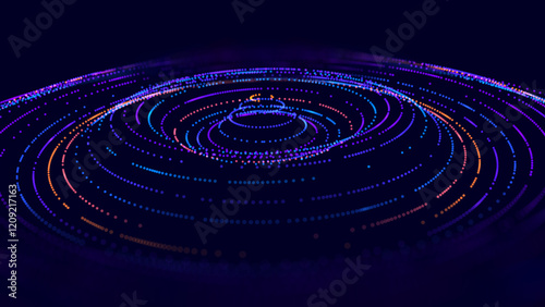 Big Data Visualization. Circular Particles With Trails Vortex. Futuristic Science or Finance Infographic Design. Complex Visual Data Background. Abstract Data Flowing. Vector Illustration.