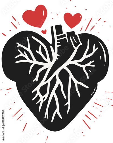 Heart with arteries and red hearts, symbolizing love and emotion cartoon isolated on transparent background. Vector illustration.