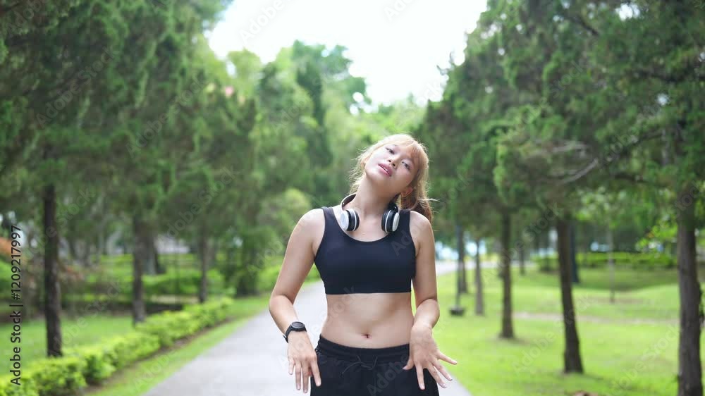 Young woman exercising outdoors in a lush green park wearing headphones stretching her arms on a sunny day in a peaceful natural setting Young woman exercising outdoors in a lush green park wearing headphones stretching her arms on a sunny day in a peaceful natural setting