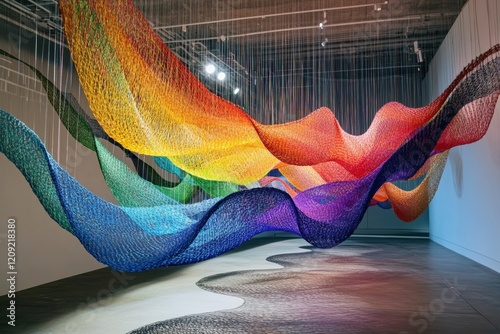 This vibrant art installation features suspended threads in a wave pattern, showcasing an array of colors that engage viewers. The experience immerses visitors in an artistic environment