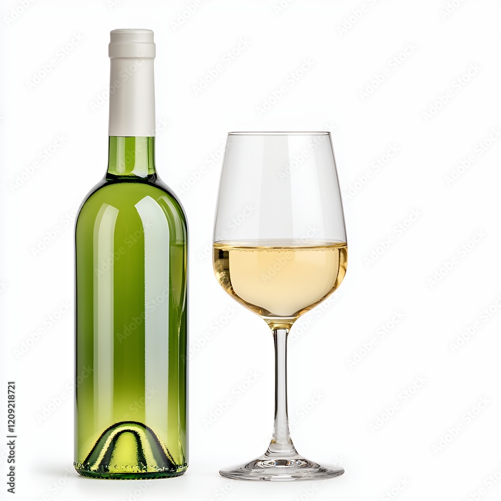 Elegant display of a green wine bottle beside a filled clear glass of pale yellow white wine on a clean background
