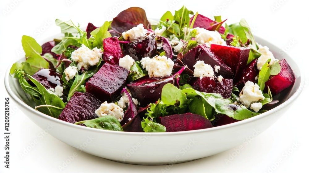 A bowl of vibrant beetroot salad with roasted beets, mixed greens, crumbled feta cheese A bowl of vibrant beetroot salad with roasted beets, mixed greens, crumbled feta cheese