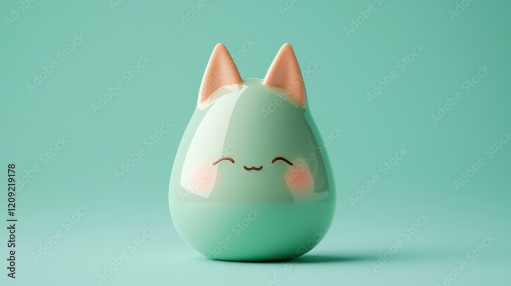 Fototapeta premium Cute Cartoon Cat Figure on Soft Mint Background with Smiling Expression