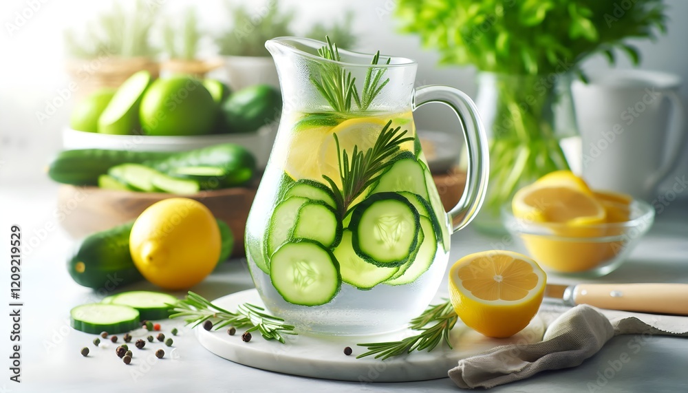 Fototapeta premium A clear glass pitcher of infused water with slices of cucumber, lemon, and sprigs of rosemary, surrounded by fresh ingredients on a bright kitchen counter.