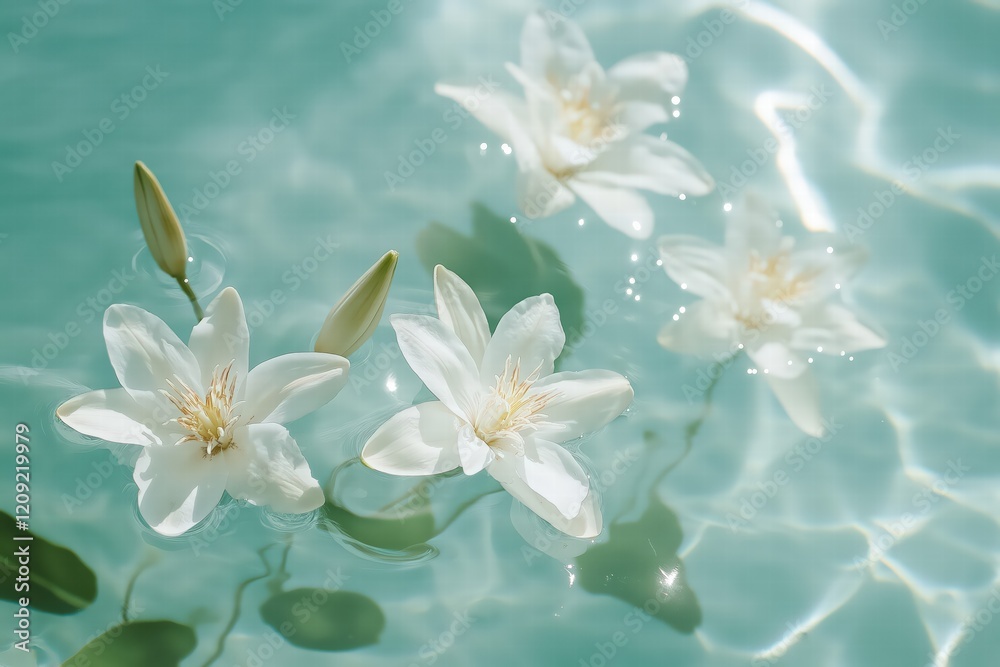 White Lilies Floating on Turquoise Water White Lilies Floating on Turquoise Water