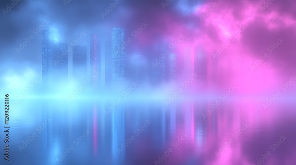 Fototapeta premium Futuristic Cityscape Reflected In Neon Lit Water