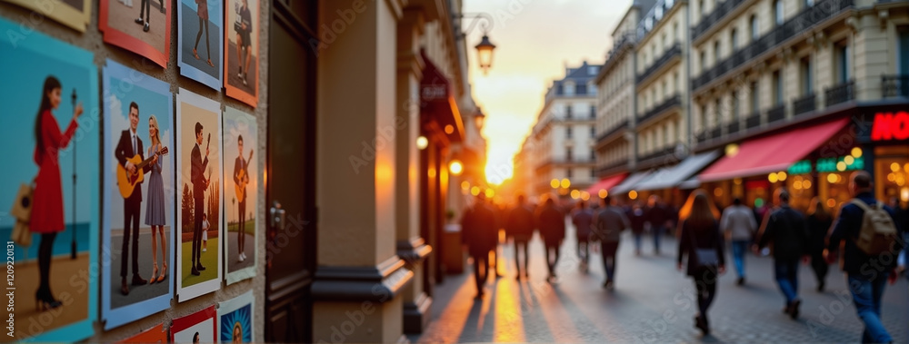 Fototapeta premium Colorful Parisian postcards display street artists during sunset, festive ambiance