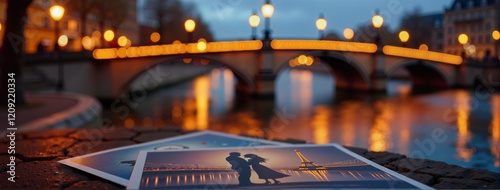 Couples in love admiring Parisian postcards by lit bridge, romance photo