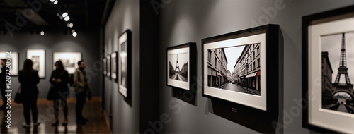 Art enthusiasts admire black and white Parisian postcards in gallery, creativity