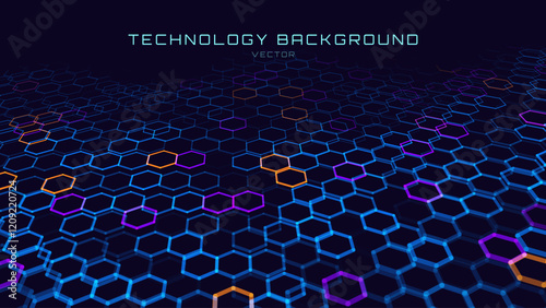 Hexagonal Abstract Technology Background. Hexagons Pattern for Hi-Tech Communication Design. Hi-tech Cyber Hexagon Sci-Fi Game Banner Grid. Vector Illustration