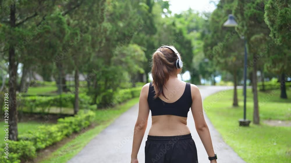 Young woman enjoying music while jogging in a serene park with lush greenery, showcasing an active lifestyle and connection with nature Young woman enjoying music while jogging in a serene park with lush greenery, showcasing an active lifestyle and connection with nature