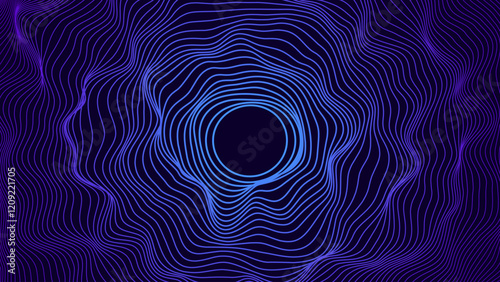 Abstract Sound Wave Round Frame Background. Dynamic Music Wavy Lines Flow. Digital Equalizer. Round Sound Data Visualization. Abstract Vector Background.