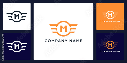 M letter logo and icon with circle and wings, vector template