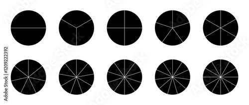 Circle Pie Chart Infographic Set. Divided Circle Sections In Black And White Color. Segments Of Circle With 2 To 12 Pieces. Black Round Diagram. Vector Illustration.