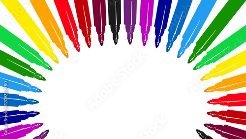 A set of felt-tip pens with primary colors for drawing and coloring. For sale and advertising of markers and drawing with them. Marker for drawing courses. Set of markers with a cap for children