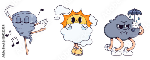 Weather character doodle collection - dancing tornado with musical notes, shy sun hiding behind fluffy cloud, grumpy storm holding umbrella with raindrops. Whimsical cartoon meteorological mascots.