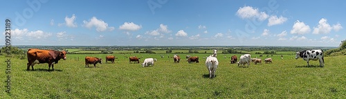 Cows graze idyllic pasture, rural valley background. Stock photo