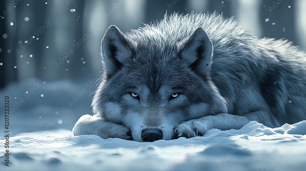 Fototapeta premium A tired wolf resting by itself in the snow, its fur matted and eyes heavy with sadness