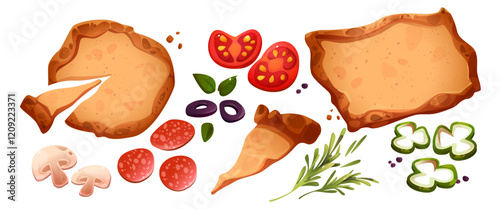 Cartoon pizza toppings set top view - crispy crust base, fresh tomato slices, salami pieces, mushrooms, black olives, rosemary sprigs and green bell pepper cut. Traditional Italian meal ingredients.