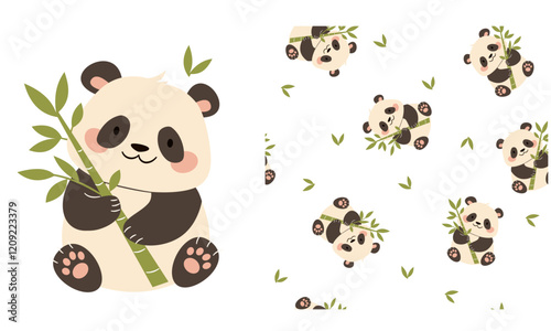 Vector set for printing on children's products. Cute panda with bamboo branch, printable print and seamless vector pattern . Vector illustration photo