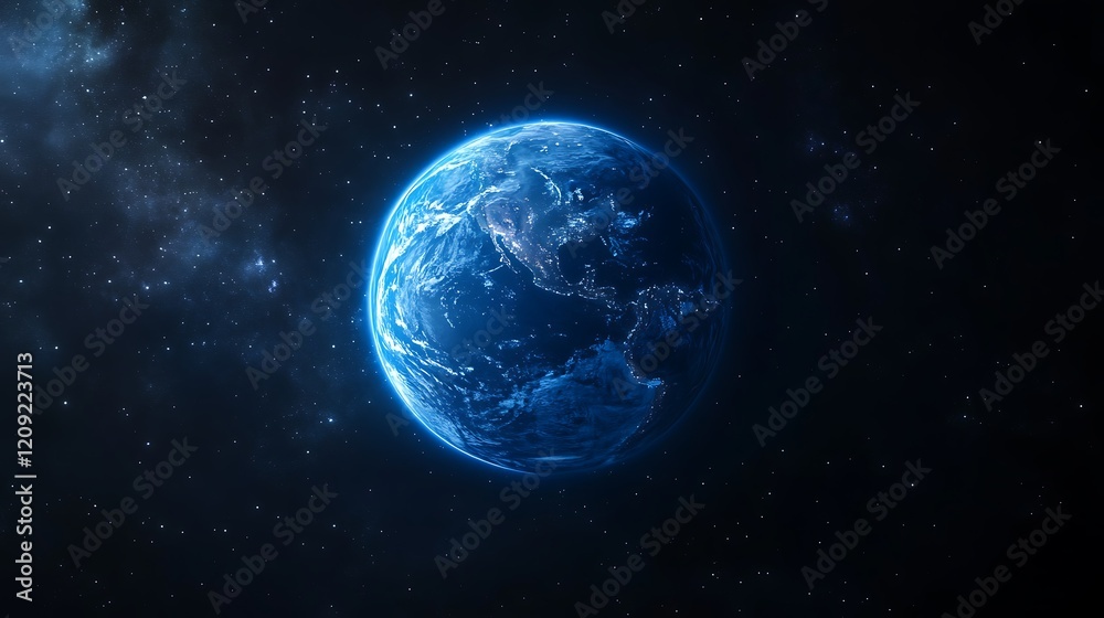 A blue glowing light shining down on the Earth planet on space A blue glowing light shining down on the Earth planet on space