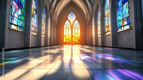 Serene Interior of a Church with Colorful Stained Glass Windows photo