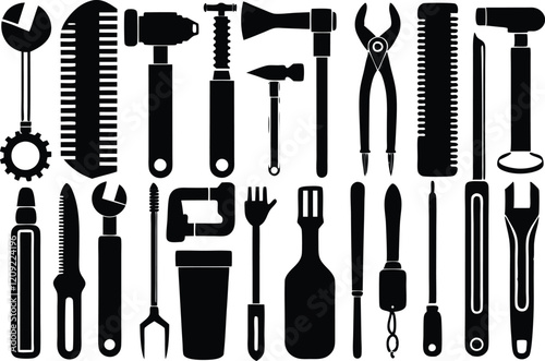 Carpenter tools silhouettes set in flat style isolated on white background