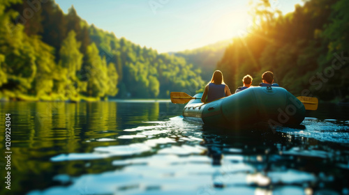 Fototapeta Naklejka Na Ścianę i Meble -  Family enjoys a peaceful day sailing on an inflatable boat on a serene lake surrounded by lush forests at sunset