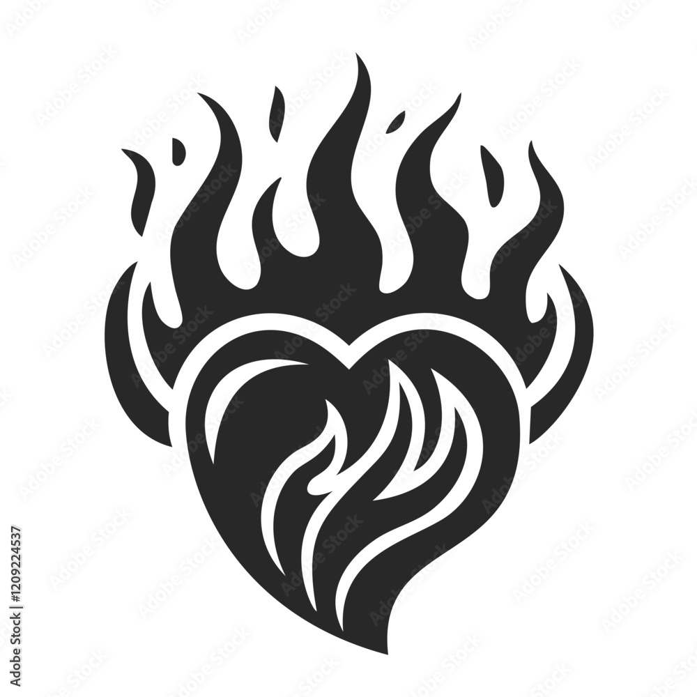 stylized black heart surrounded by flames, symbolizing passion, love, and intensity stylized black heart surrounded by flames, symbolizing passion, love, and intensity