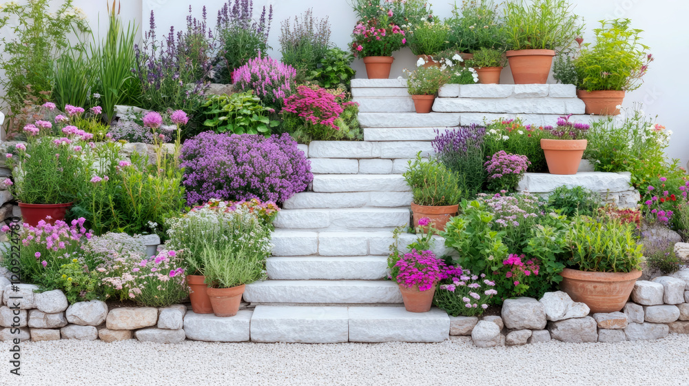 Stunning Flower Garden on White Stone Steps Stunning Flower Garden on White Stone Steps