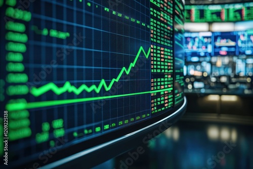 A stock market graph with a green upward trendline, displayed on a curved monitor in a high-tech trading room.