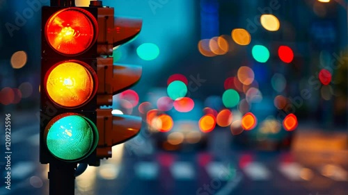 Vibrant Urban Night Traffic Light with Red, Yellow, and Green Signals Illuminating Busy Street, Bokeh Effects from Blurred Cars in City Setting.