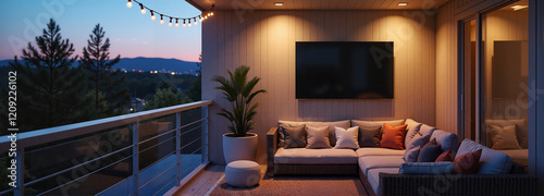 Cozy outdoor living space with TV and warm lighting