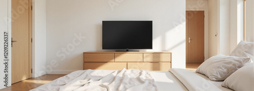 Minimalist bedroom with TV on wooden dresser photo