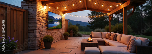 Stylish outdoor patio with TV, cozy seating, and warm lighting