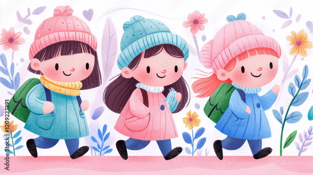 Adorable Girls in Winter Hats Walking Amongst Flowers Adorable Girls in Winter Hats Walking Amongst Flowers