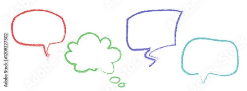 Colorful hand drawn speech bubble shapes with crayon texture in red, green, blue and turquoise outlines for comic dialogue, chat message or conversation design elements. Speak and think balloons.