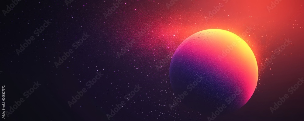 Fototapeta premium Orange purple glowing gradient sphere on dark background, grainy retro texture header, Generative AI