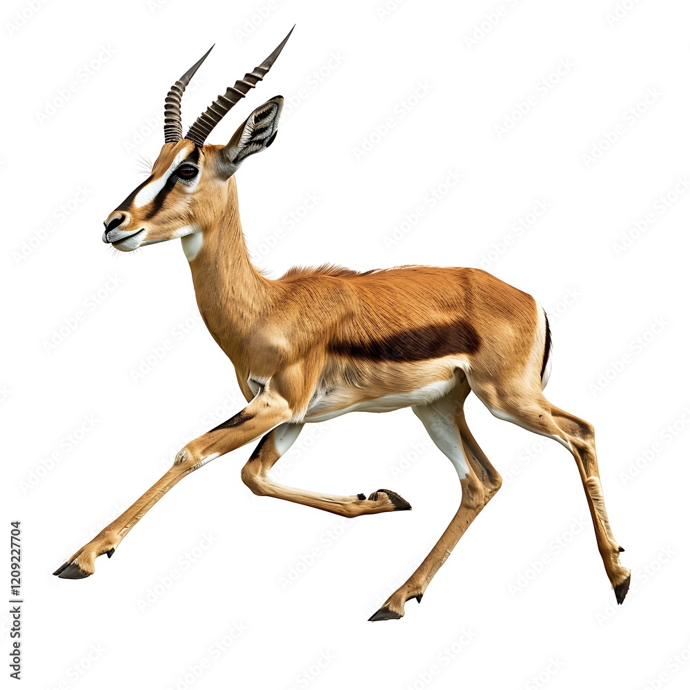 Fototapeta premium Impala in Motion: A majestic impala with its distinctive striped markings sprints across the savanna with a sense of raw energy and vitality. Its powerful limbs propel it forward.