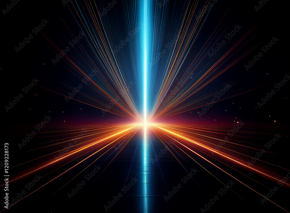 Fototapeta premium A vibrant, cosmic light beam cuts through the dark, radiating outwards with streaks of orange and blue light. The effect evokes a sense of speed and energy.