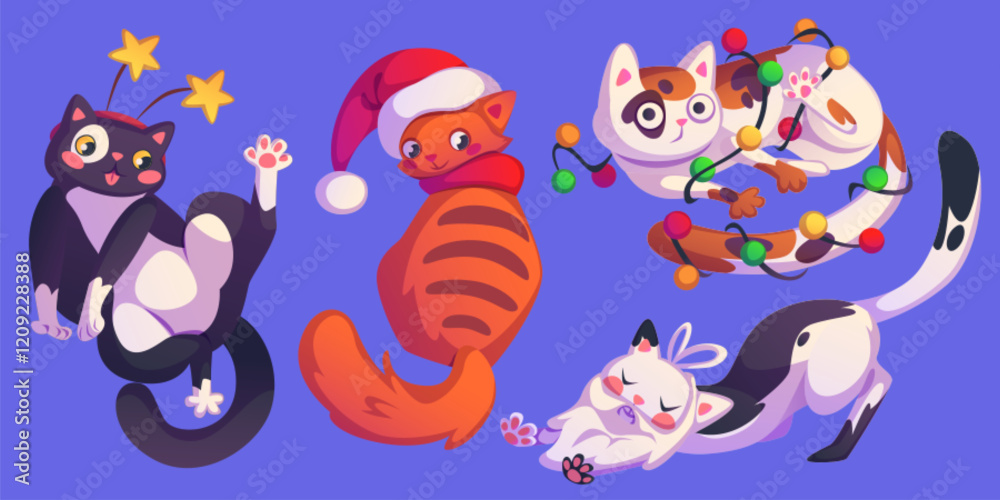 Obraz premium Christmas cats set with playful holiday characters. Cartoon pets - black kitten with stars on head, ginger pet in Santa hat, white spotted feline tangled in garland, stretching kitty with beard.